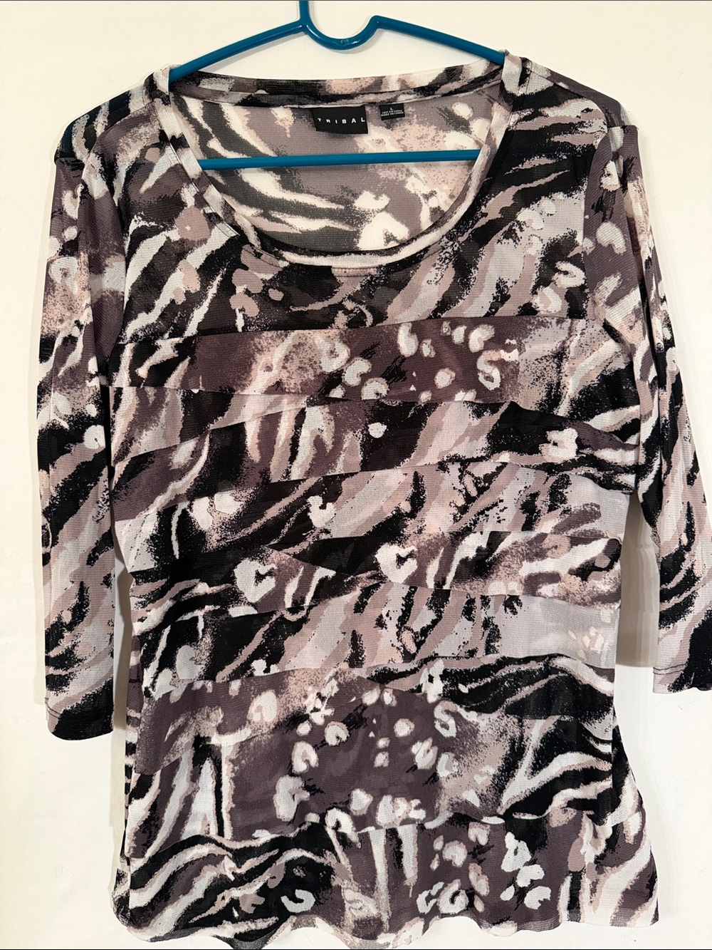 Tribal Women's Long Sleeve Scoop Neck Top - Black, Gray, White